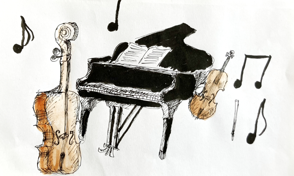 Tecknad illustration av Aliocha Delcourt. Motiv: Cello, piano, violin, noter